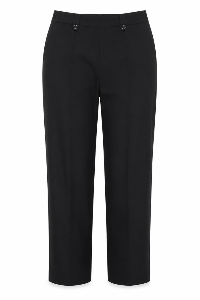 Front view of Bonmarché women’s black polyester trousers, size UK 14, 29-inch leg regular