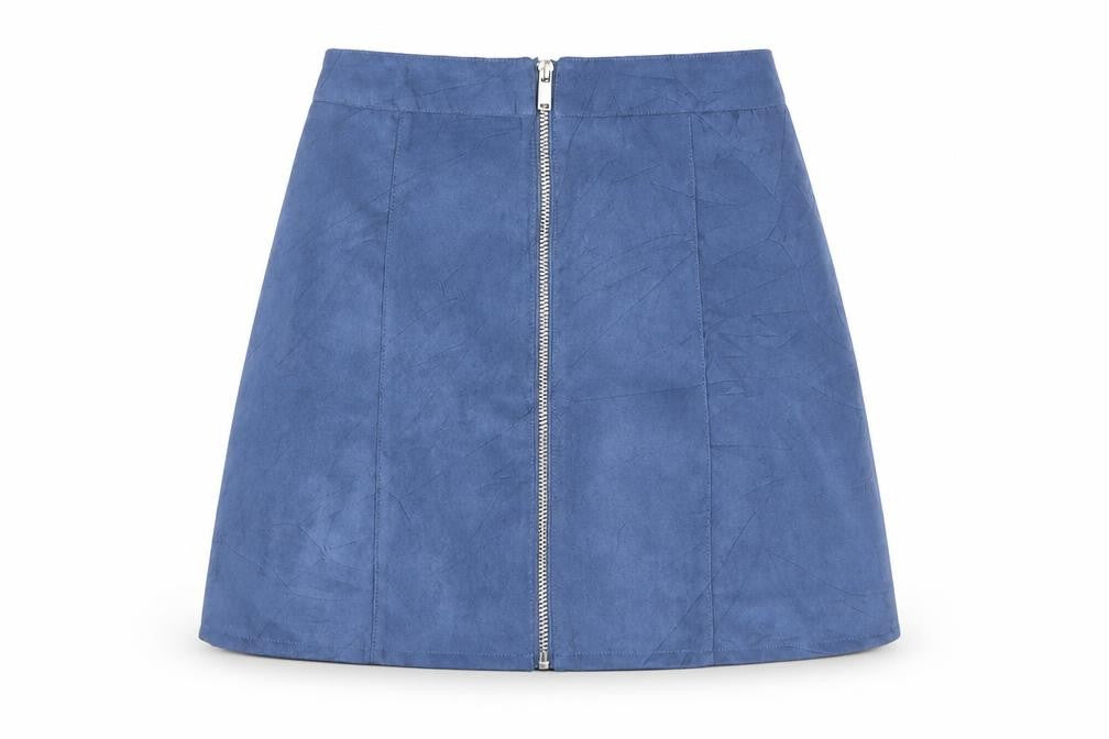 Front view of H&M women’s blue polyester a-line skirt, size UK 8, zip