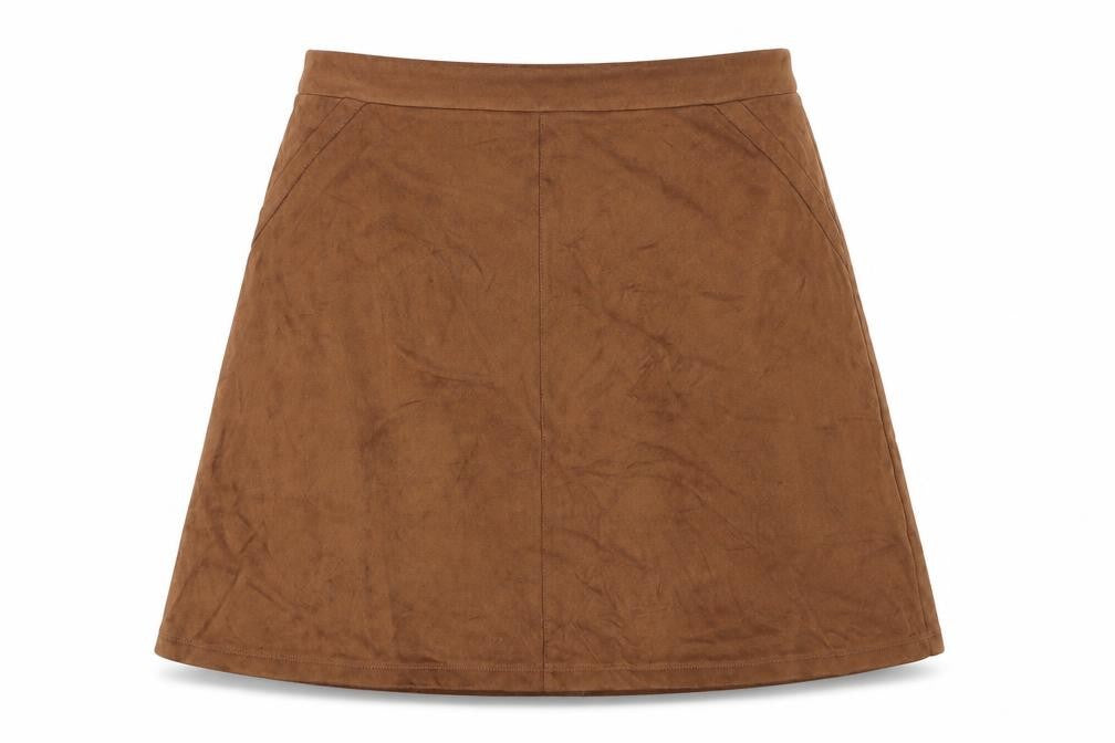 Front view of Yns Tekstil women’s brown polyester a-line skirt, size UK 32, in zip