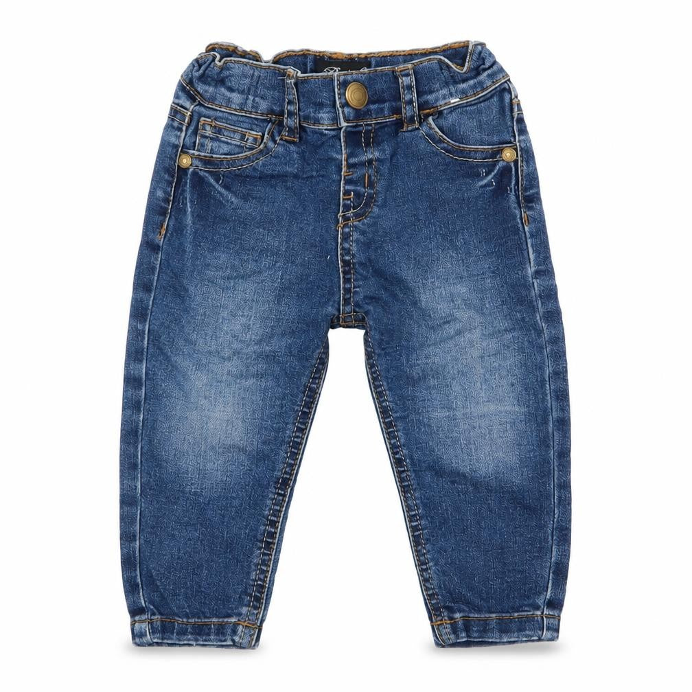 Front view of Denim Co boys’ blue cotton cargo jeans, size 6-9, months button