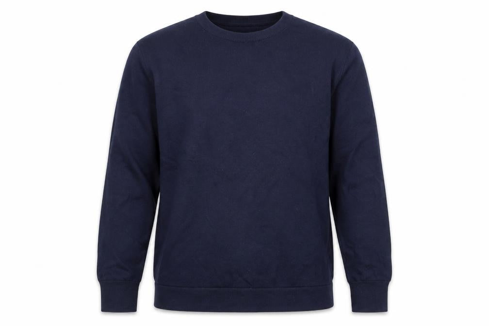 Front view of Paul Galvin men’s blue round neck acrylic jumper, size M