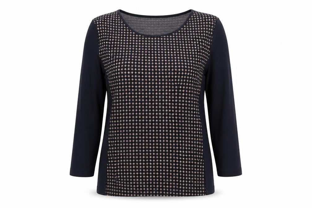Front view of Country Casuals women’s blue round neck geometric cotton jumper, size UK 16