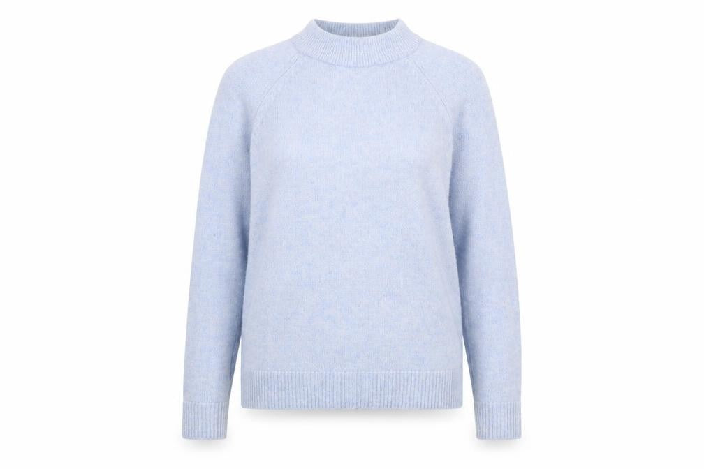 Front view of H&M women’s blue round neck polyamide jumper, size UK 8