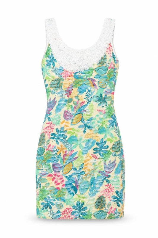 Front view of Quiz women’s multicoloured floral polyester bodycon, size UK 8, scoop neck pullover