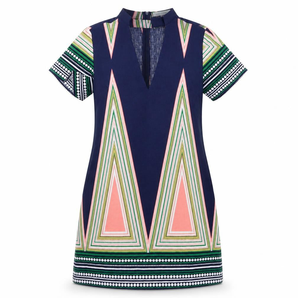 Front view of Love & Other Things women’s multicoloured geometric polyester shift, size M, v-neck zip