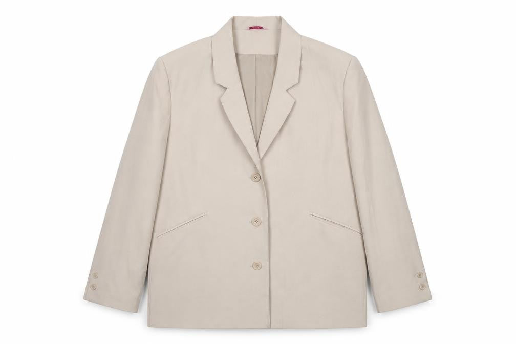 Front view of Amalina women’s beige 100% polyester jacket suit jacket, size UK 16