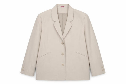 Front view of Amalina women’s beige 100% polyester jacket suit jacket, size UK 16