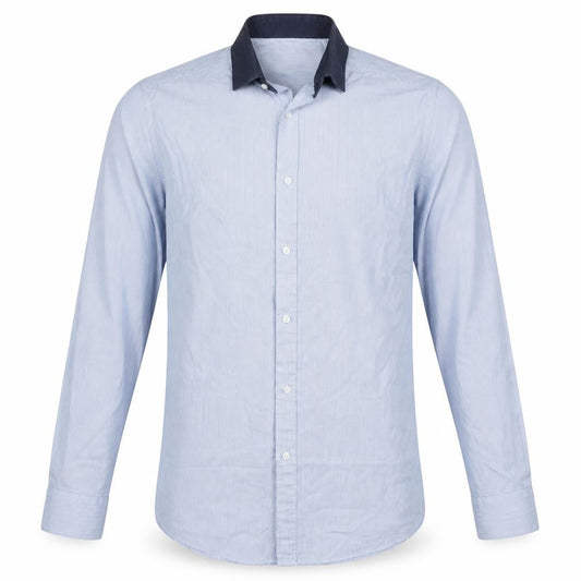 Front view of Red Herring men’s blue striped polyester dress shirt, size 14.5 collared button