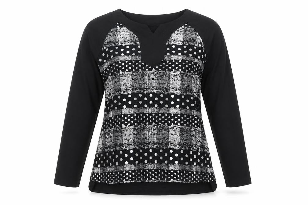 Front view of Squises women’s black polka dot cotton basic t-shirt, size UK 12, v-neck