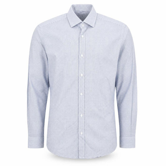 Front view of Taylor & Wright men’s blue geometric cotton button-up, size 14.5 collared button