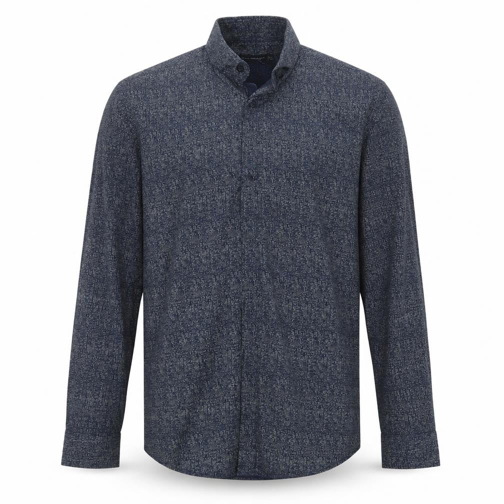 Front view of Cedarwood State men’s blue geometric cotton button-up, size 14.5 collared button