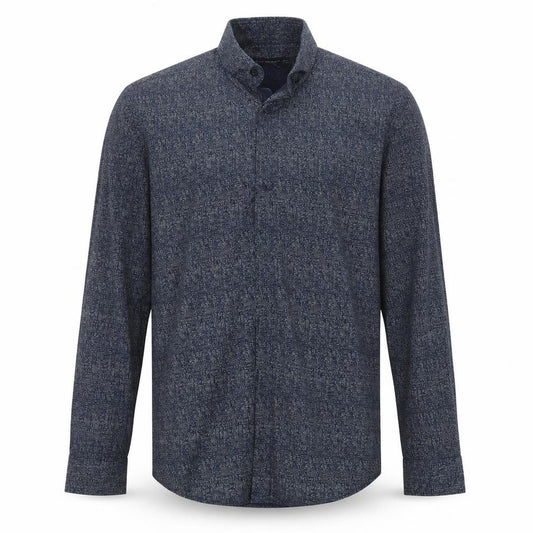 Front view of Cedarwood State men’s blue geometric cotton button-up, size 14.5 collared button