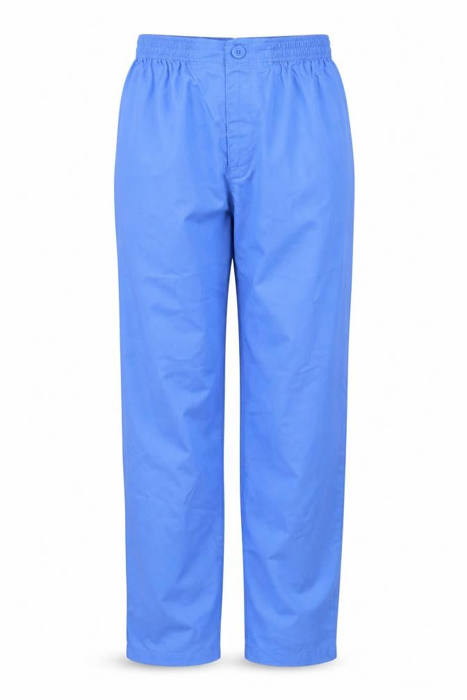 Front view of Roly women’s blue polyester trousers, size M, 30-inch leg regular button