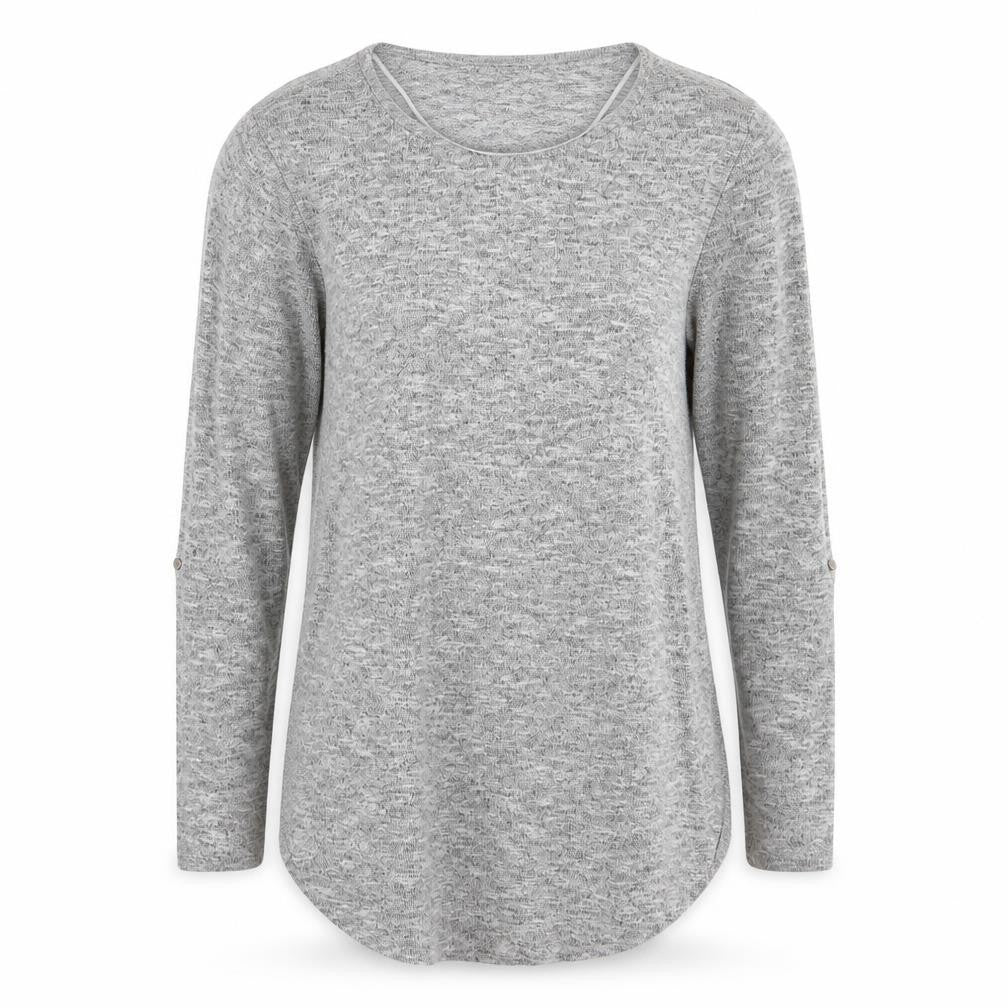 Front view of Atmosphere women’s grey round neck polyester jumper, size UK 12