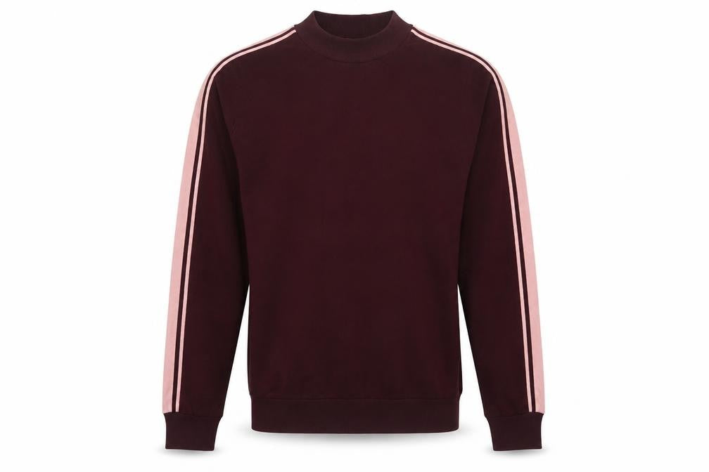 Front view of River Island men’s purple crew neck striped polyester jumper, size S