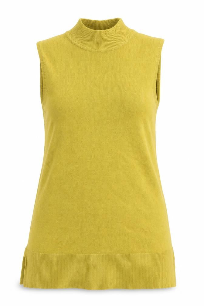 Front view of F&F women’s yellow viscose basic tank, size UK 8, high neck