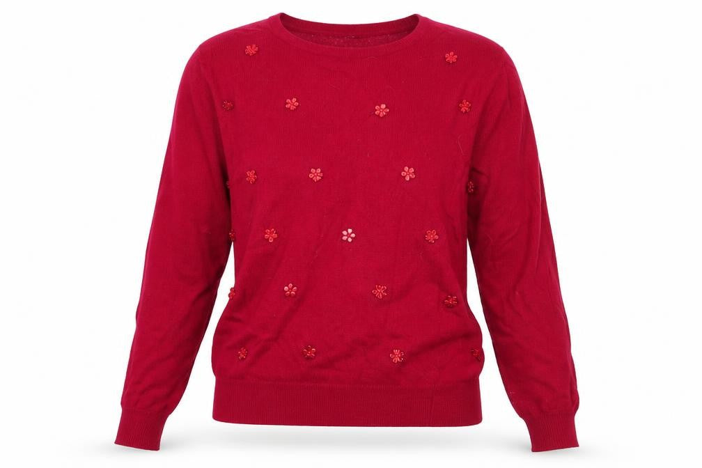 Front view of Isle women’s red round neck nylon jumper, size M