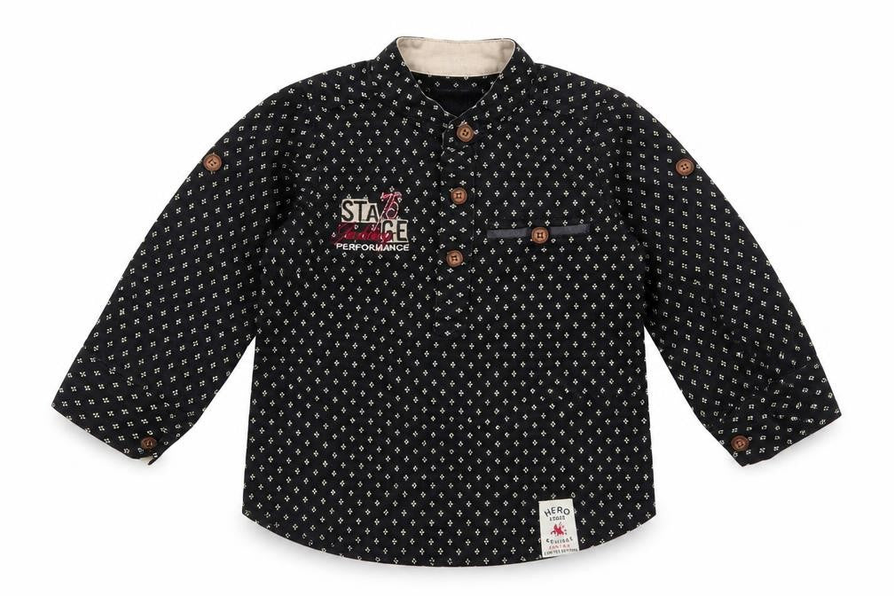 Front view of Hero Stars boys’ black geometric cotton basic button-up, size 6-9, months high neck button