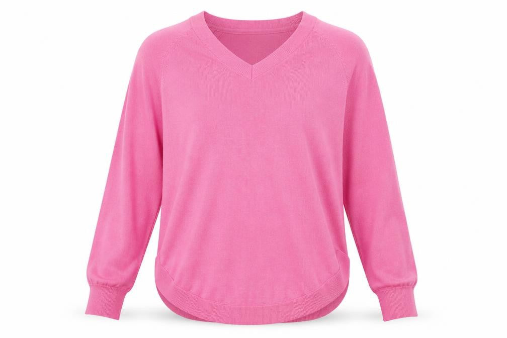 Front view of Gallery women’s pink v-neck acrylic jumper, size S
