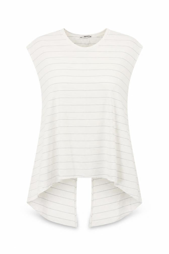 Front view of Primark women’s ivory striped polyester basic t-shirt, size UK 14, scoop neck