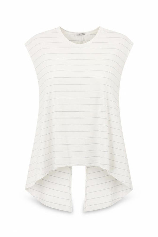 Front view of Primark women’s ivory striped polyester basic t-shirt, size UK 14, scoop neck