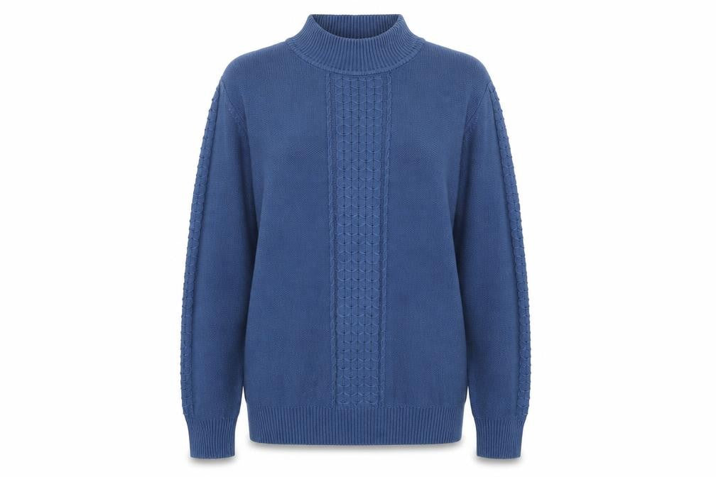 Front view of Collection L women’s blue high neck acrylic jumper, size UK 14