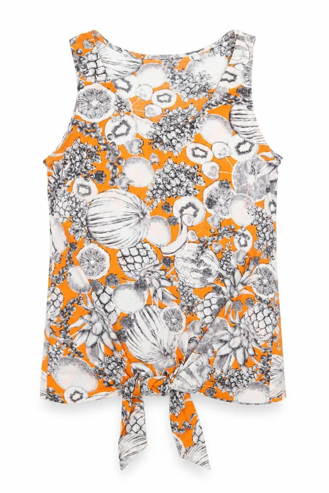 Front view of Dorothy Perkins women’s orange polyester basic tank, size UK 8, round neck - tie at bottom fruit pattern