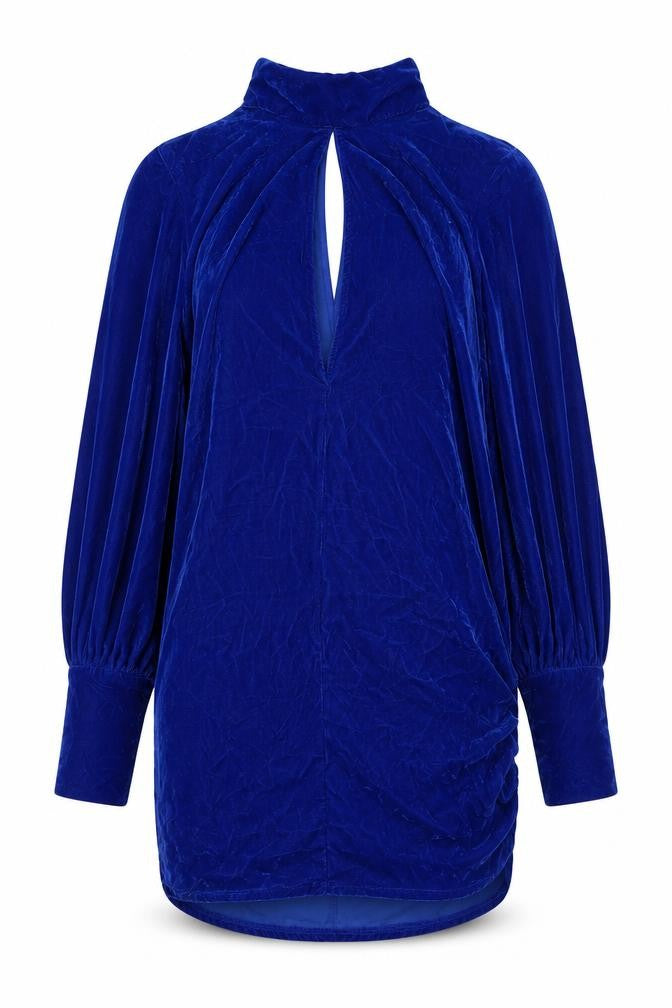 Front view of ASOS women’s blue polyester pencil dress, size UK 10, mock neck button