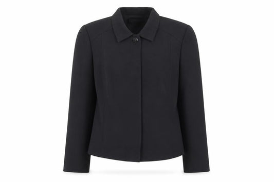 Front view of Maggy London women’s black jacket, size UK 10, button