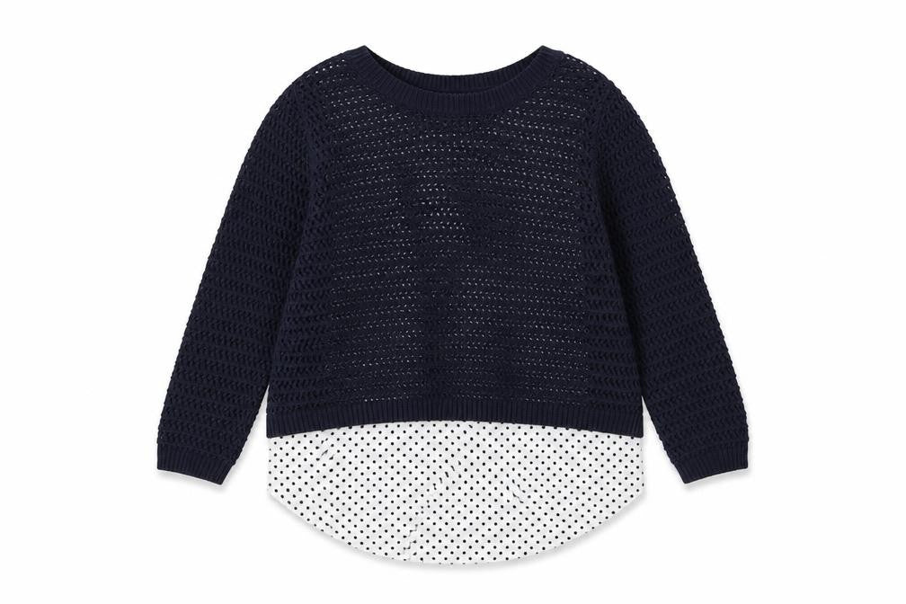 Front view of Tu women’s blue crew neck polka dot cotton jumper, size UK 10