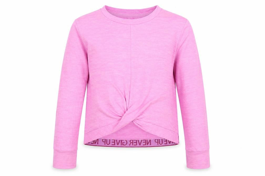 Front view of Dunnes girls’ purple polyester basic t-shirt, size 6-7, years round neck pullover