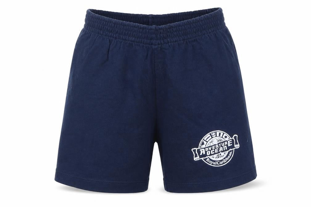 Front view of Rabbit Skins boys’ blue cotton sweat shorts, size 4, years regular drawstring