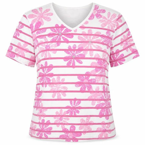 Angelina Womens White Floral Polyester Basic T-Shirt Size L V-Neck