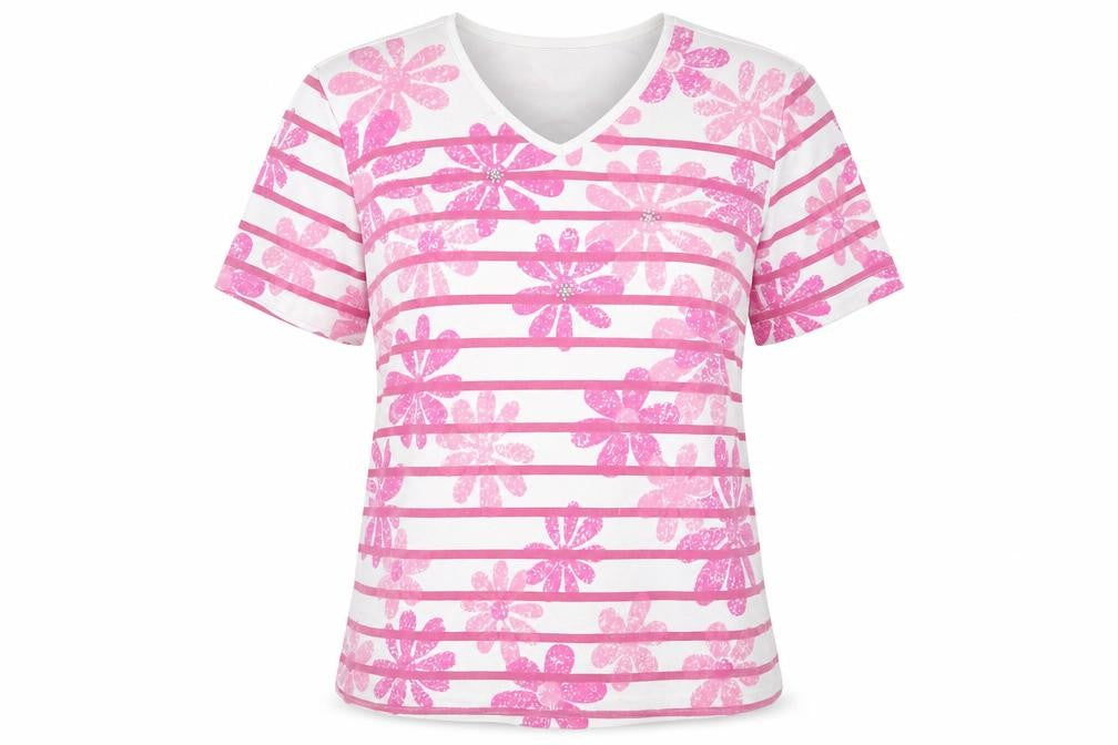 Angelina Womens White Floral Polyester Basic T-Shirt Size L V-Neck
