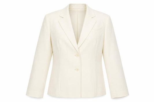 Front view of ELEGANCE women’s ivory striped polyester jacket suit jacket, size UK 14