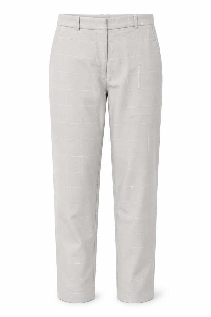 Front view of H&M women’s grey plaid cotton trousers, size UK 10, 27-inch leg regular button