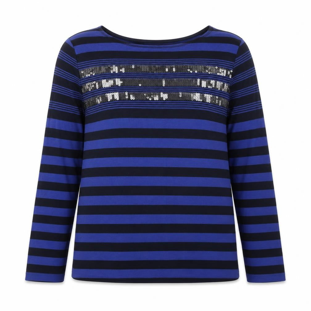 Front view of Betty Barclay women’s blue striped viscose basic blouse, size UK 12, round neck