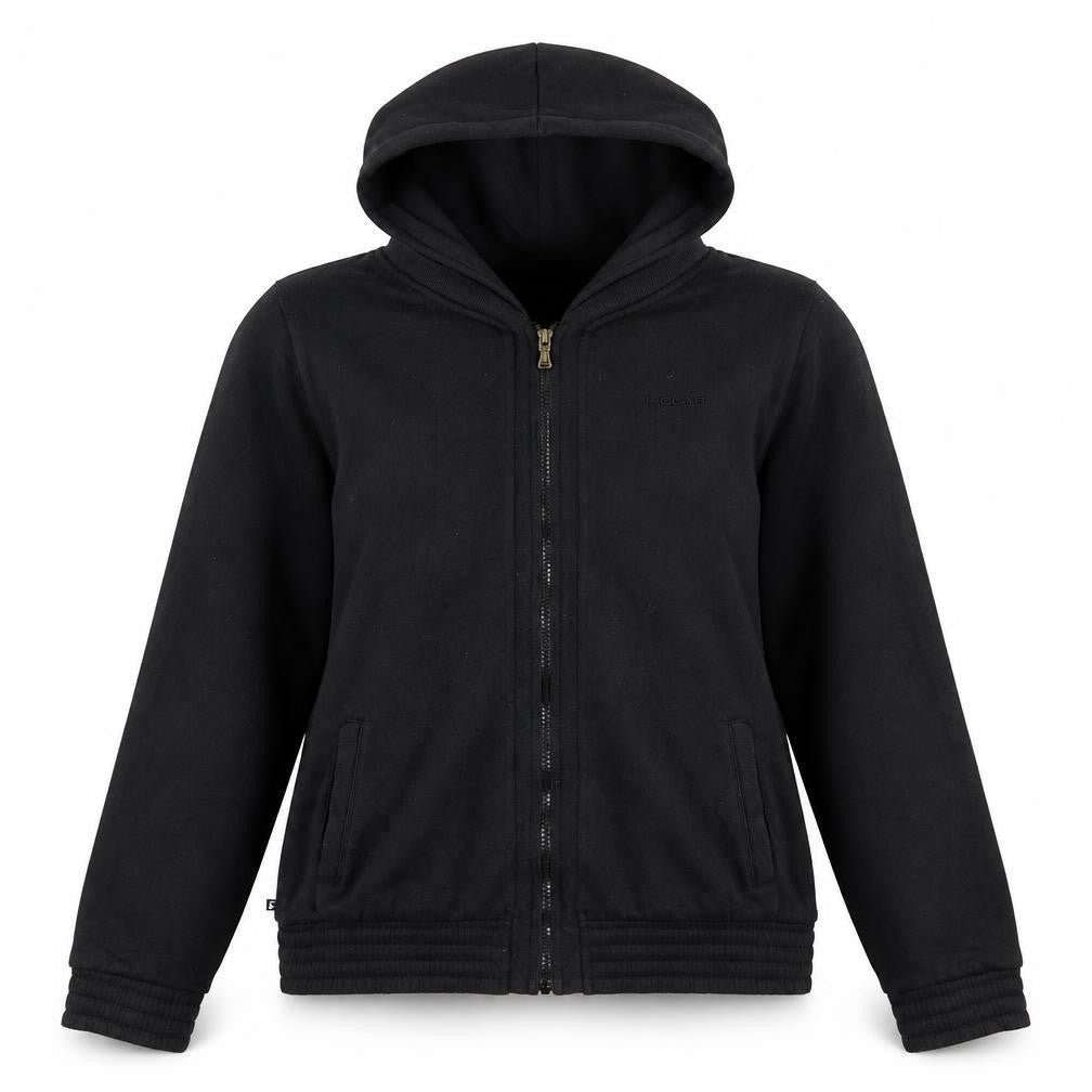 Front view of LA Gear women’s black polyester full zip sweatshirt, size UK 12, zip