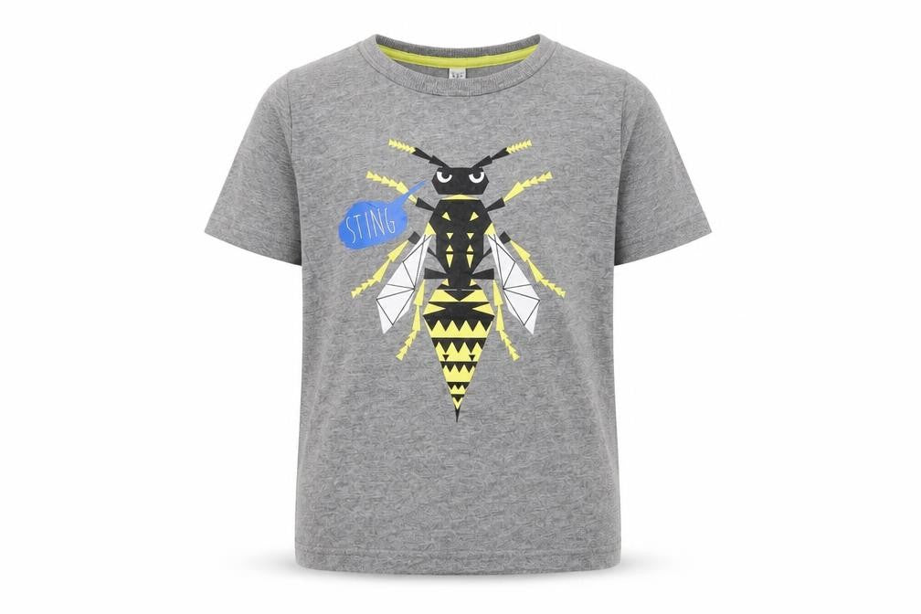 Front view of Marks girls’ grey cotton pullover t-shirt, size 4-5, years crew neck pullover - bee sting