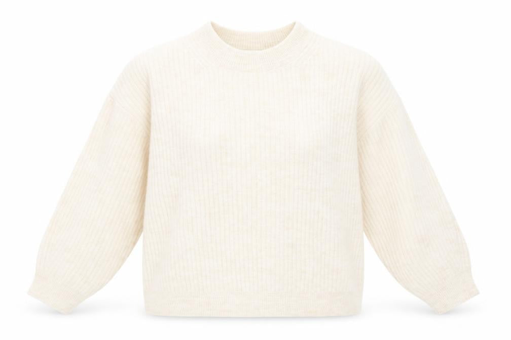 Front view of H&M women’s beige crew neck polyester jumper, size M