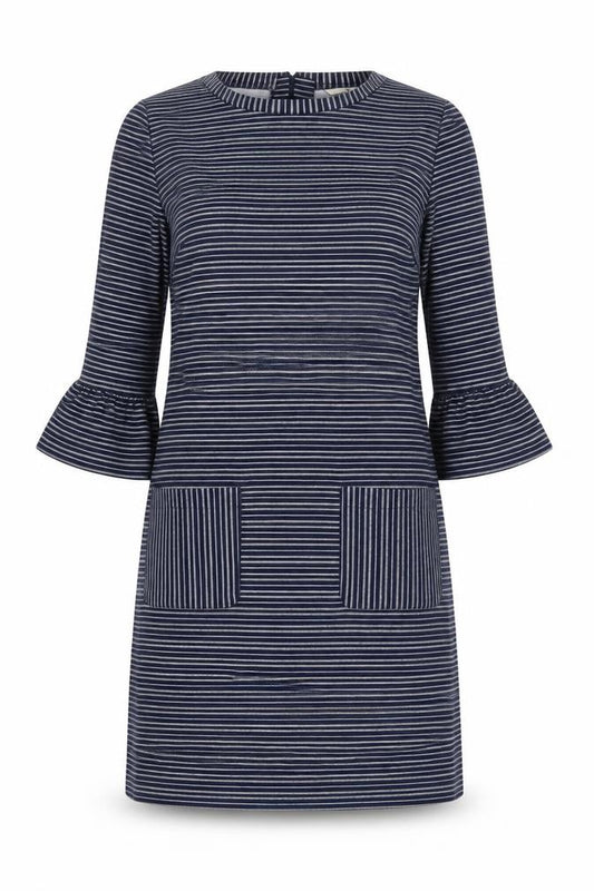 Front view of Tu women’s blue striped polyester shift, size UK 12, crew neck zip