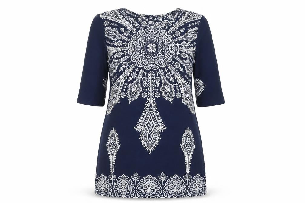 Front view of TG women’s blue paisley polyester shift, size UK 14, crew neck pullover