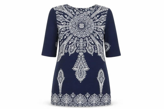 Front view of TG women’s blue paisley polyester shift, size UK 14, crew neck pullover
