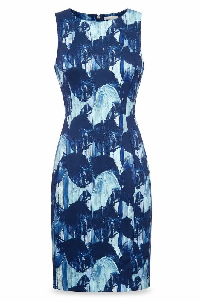 Front view of H&M women’s blue geometric polyester bodycon, size XS, round neck zip