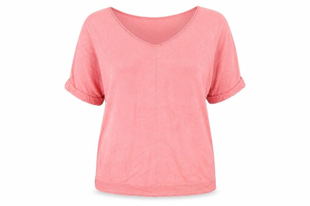 Front view of Monsoon women’s pink v-neck viscose jumper, size M