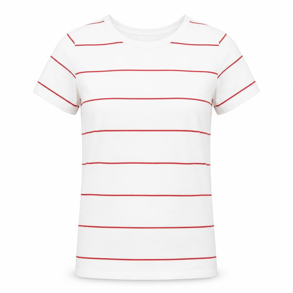 Front view of Newport women’s white striped polyester basic t-shirt, size M, round neck
