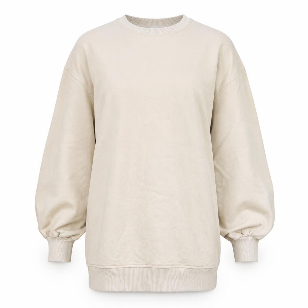 Front view of F&F women’s beige cotton pullover sweatshirt, size UK 10, pullover