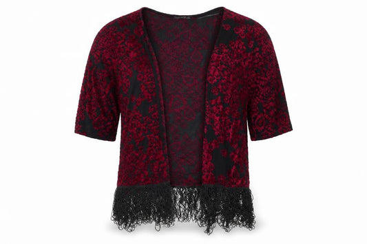 Front view of Atmosphere women’s red v-neck floral polyester cardigan jumper, size XS