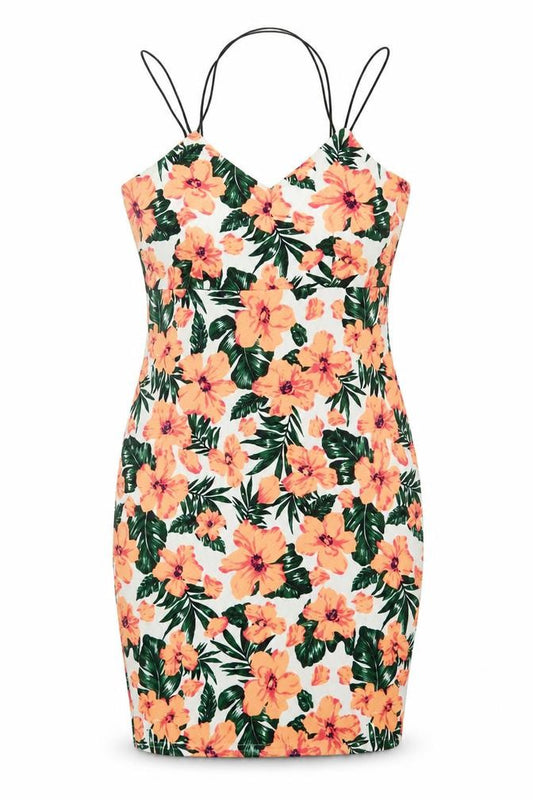 Front view of Blue Inc women’s multicoloured floral polyester bodycon, size UK 12, v-neck