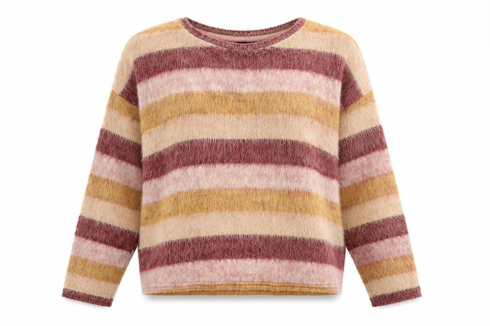 Front view of New Look women’s multicoloured round neck striped acrylic jumper, size M